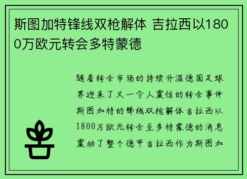 斯图加特锋线双枪解体 吉拉西以1800万欧元转会多特蒙德