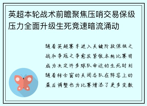 英超本轮战术前瞻聚焦压哨交易保级压力全面升级生死竞速暗流涌动 英超本轮战术前瞻聚焦压哨交易保级压力全面升级生死竞速暗流涌动